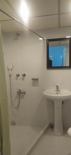 a white bathroom with a shower and a sink at Center Point Apartment in Dhaka