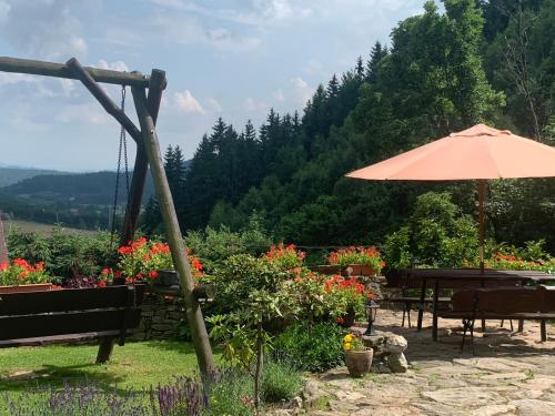 patio z parasolem, stołami i kwiatami w obiekcie Agropajda w mieście Sokolec