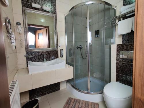 a bathroom with a shower and a toilet and a sink at Belweder in Białystok