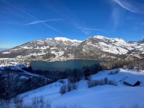a view of a snow covered mountain with a lake at Seminar- & Erlebnishotel RömerTurm in Filzbach