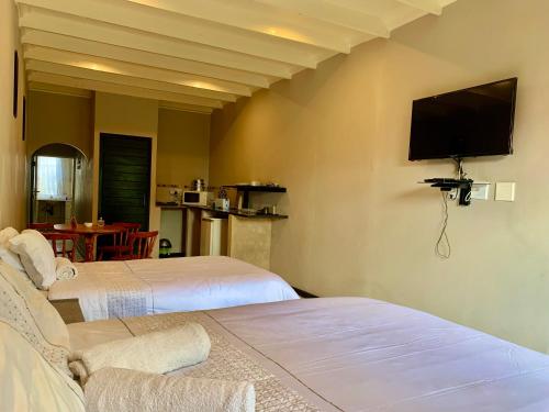 a room with two beds and a tv on the wall at The Eden Lodge Boksburg in Boksburg