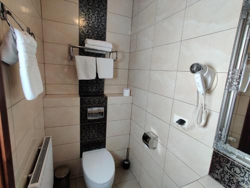 a bathroom with a toilet and a shower at Belweder in Białystok