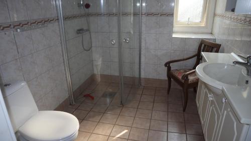 La salle de bains est pourvue d'une douche, de toilettes et d'un lavabo. dans l'établissement Kronans B&B, à Hässleholm