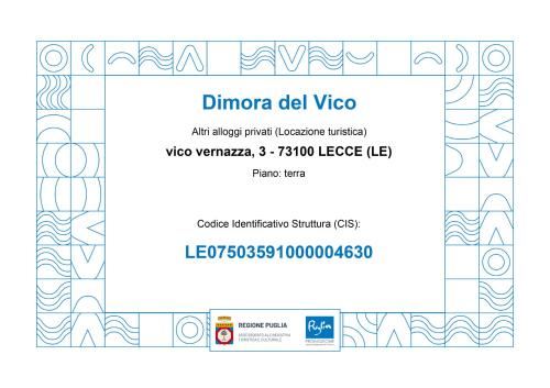 Dimore di Lecce - Il Vicoに飾ってある許可証、賞状、看板またはその他の書類