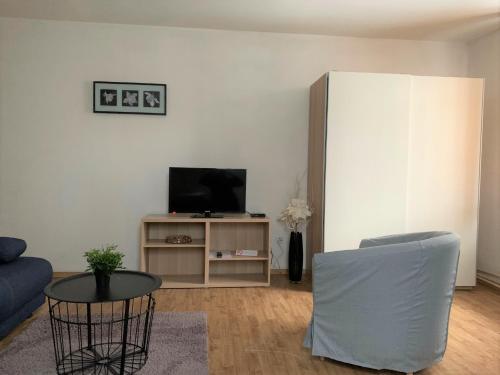 a living room with a couch and a tv at Penzion Zelený Háj in Merklín