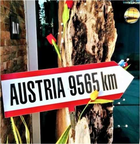 a red and white street sign in front of a tree at La Romantica in Contadora