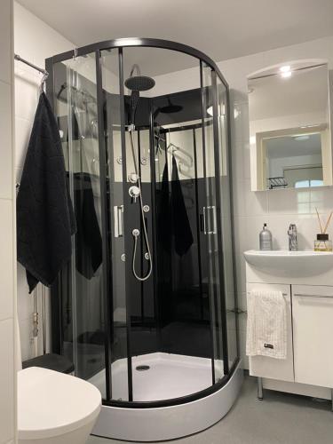 La salle de bains est pourvue d'une douche, de toilettes et d'un lavabo. dans l'établissement Modern Apt - King-Size Bed - Wifi -Self Check in, à Rovaniemi