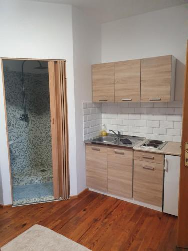 a kitchen with a sink and a shower in it at Sveciu Namai Giles in Alytus