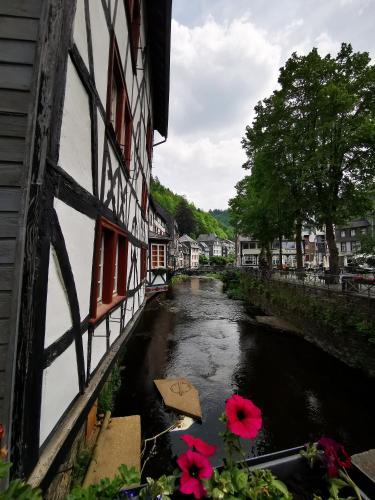 a river in front of a building with flowers at Mooi ruim appartement in antieke stadsboerderij in Schönecken