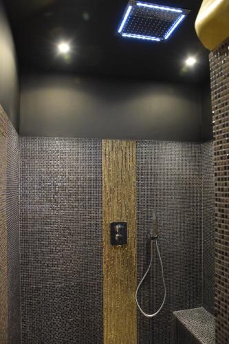 La salle de bains est pourvue d'une douche avec une lumière sur le mur. dans l'établissement Appartement 2 chambres climatisé triangle d’or, à Bordeaux