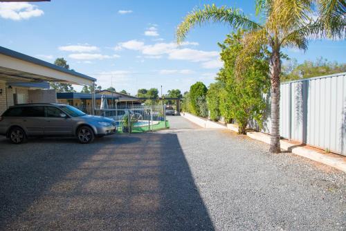 a car parked next to a house with a palm tree at 7th Street Motel in Mildura