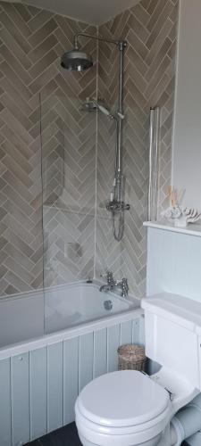 a bathroom with a shower and a toilet and a tub at The Family Tree in Whatstandwell