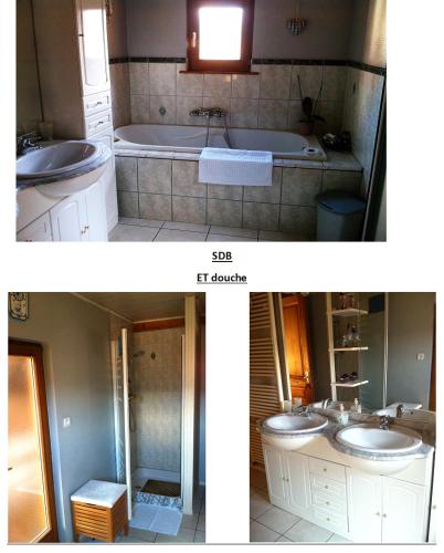 Muhlbach-sur-MunsterにあるChalet La Grange de Madiのバスルーム(洗面台2つ、バスタブ付)の写真2枚
