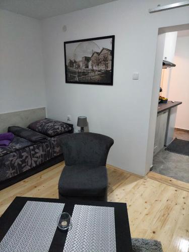 a living room with a chair and a bed at Apartman Centar in Kragujevac
