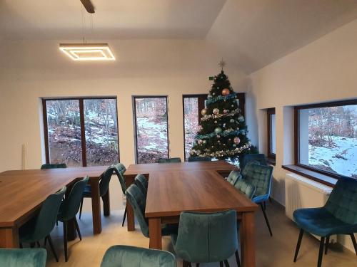 een kamer met twee tafels en een kerstboom bij Pensiunea Black Mountain in Baia-Sprie