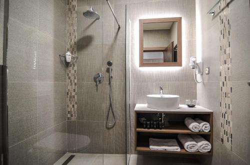 a bathroom with a shower and a sink at Hotel Galant Mikulov in Mikulov