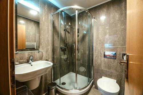 a bathroom with a shower and a sink and a toilet at hotel ADRIA in Martinske Hole