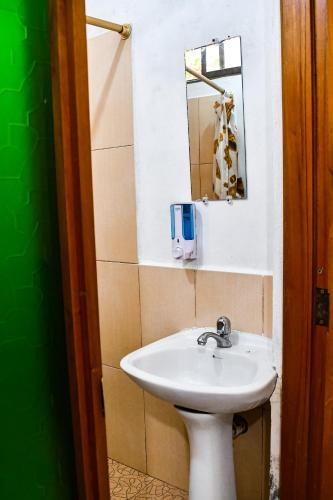 a bathroom with a sink and a mirror at Galapagos Dove in Puerto Ayora