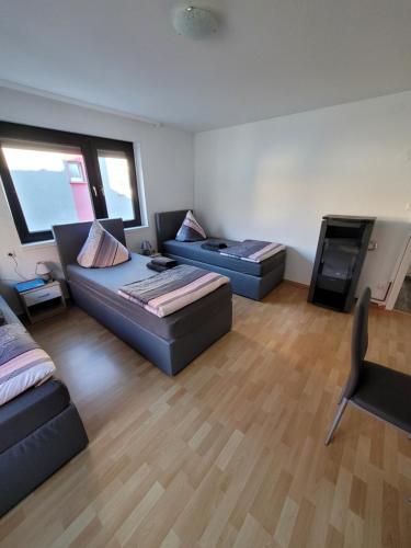 uma sala de estar com dois sofás e uma televisão em City Apartment KL em Kaiserslautern