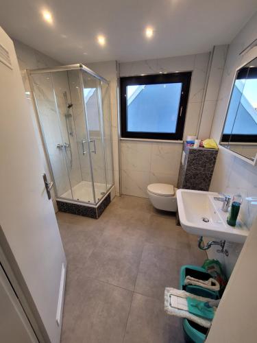 uma casa de banho com um chuveiro, um lavatório e um WC. em City Apartment KL em Kaiserslautern