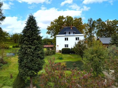 una casa blanca con un techo negro y un árbol en Ferienwohnung Erzgebirgswohnung Götze, en Glashütte