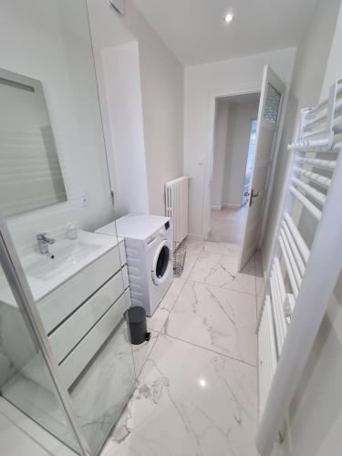 een badkamer met een wastafel en een wasmachine bij "La Scierie" T4 80m2 Annecy in Annecy