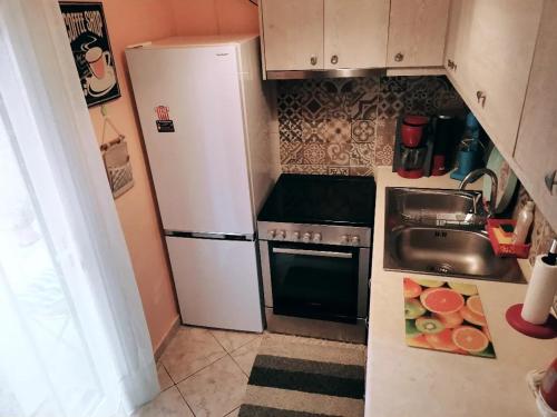 a kitchen with a white refrigerator and a sink at •Budget travellers •Great location in Athens