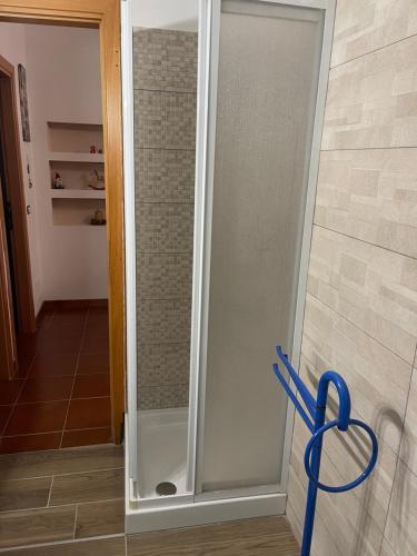 La salle de bains est pourvue d'une douche en verre avec un tuyau bleu. dans l'établissement IL GECO DI MONTAGNA, à Castel di Sangro
