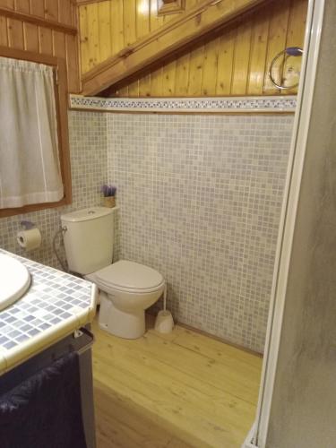 a bathroom with a toilet and a tiled wall at Casa Telma y Hugo in Alcañiz