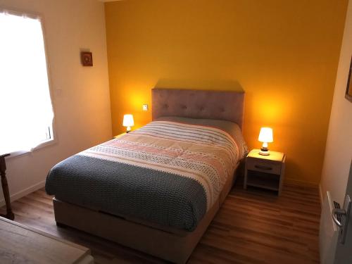 a bedroom with a bed and two lights on two tables at Les Jacinthes in Saint-Jean-de-Monts