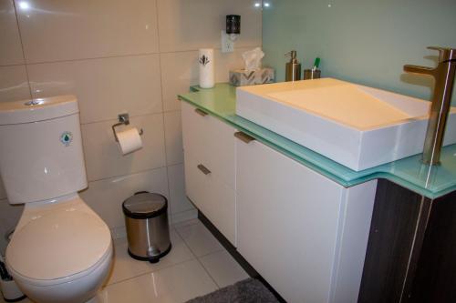 a bathroom with a white toilet and a sink at Downtown High-rise Condo- CN Tower View in Toronto