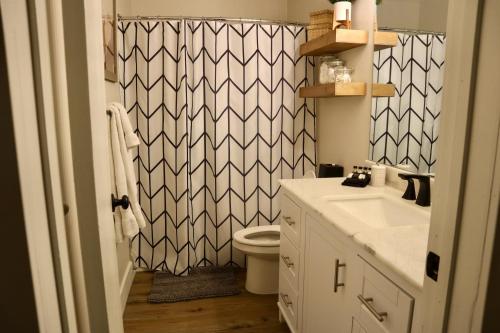 een badkamer met een wastafel, een toilet en een douche bij Mid-Century Gem w/King in Park City