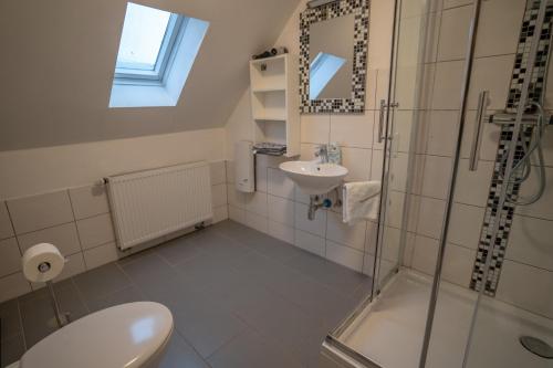 a bathroom with a toilet and a sink and a shower at 4-Zimmer Haus, 2-Bäder 140qm bis zu 11 Personen in Winningen