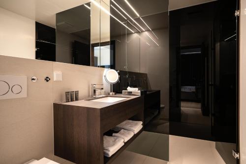a bathroom with a sink and a mirror at Hotel Spitzerberg by b-smart in Hundsheim
