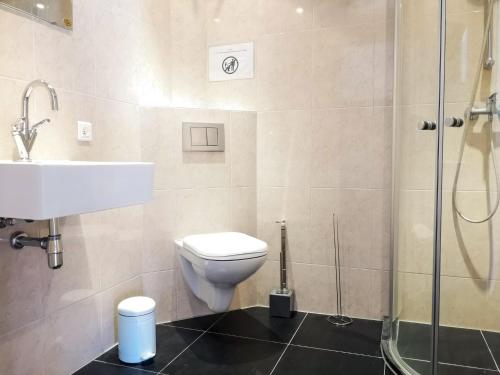 une salle de bain avec toilettes, lavabo et douche dans l'établissement Petit Chateau Melay, à Melay