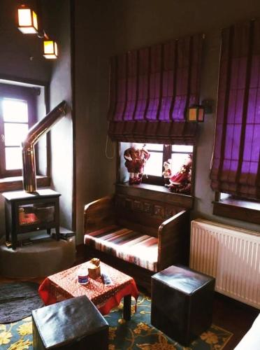 a living room with a couch and a fireplace at Soul boutique hotel in Monodendri