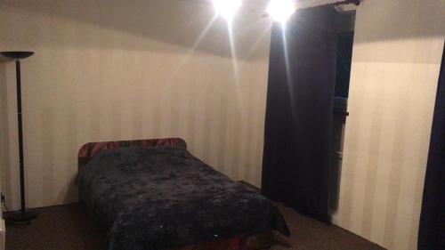 1 dormitorio con 1 cama con cortina negra en Książęca 41, en Poznan