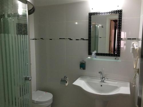 a bathroom with a sink and a toilet and a mirror at Napa Hotel in Denizli