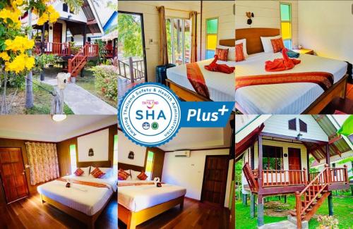 a collage of three pictures of a hotel room at Lanta Andaleaf Bungalow - SHA Extra Plus in Ko Lanta