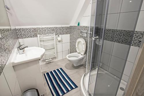 uma casa de banho com um WC, um lavatório e um chuveiro em Tojemoje em Białka Tatrzanska