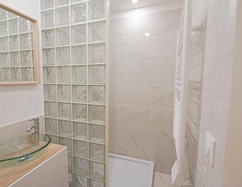 une salle de bain avec une douche avec des toilettes et un lavabo dans l'établissement Appartement Cosy , Vue imprenable, Parking Privé, à Montpellier