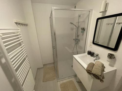 een witte badkamer met een douche en een wastafel bij Le Relax by La Dame de Coeur - Logement zen urbain in Namen