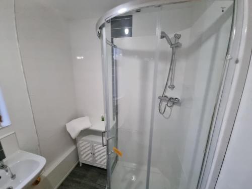 a bathroom with a shower and a sink at The Townhouse, Derry City Centre. in Derry Londonderry