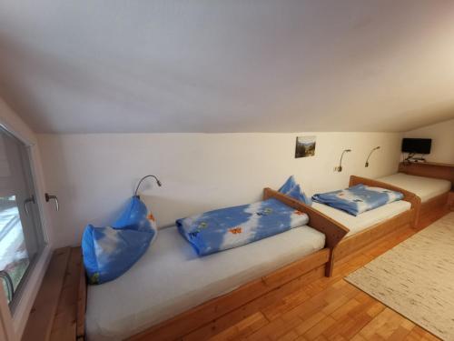 two beds in a room with blue pillows on them at Lamplhof in Wiesing