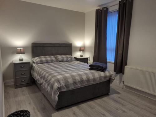 ein Schlafzimmer mit einem Bett, zwei Lampen und einem Fenster in der Unterkunft The Townhouse, Derry City Centre. in Derry Londonderry