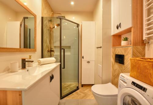 a bathroom with a sink and a washing machine at Przytulia in Ustrzyki Dolne