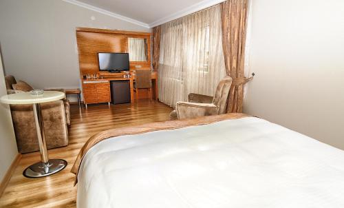 ein Hotelzimmer mit einem Bett und einem TV in der Unterkunft Serenti Pamuk Hotel in Giresun