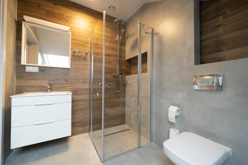 a bathroom with a shower with a toilet and a sink at Pensjonat Dominikański in Krasnobród