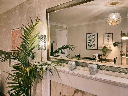 La salle de bains est pourvue d'un grand miroir et d'une plante. dans l'établissement City Centre Apartment- Beautiful Old Town- with Parking, à Hull