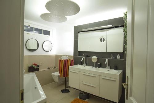 bagno con lavandino, servizi igienici e specchio di 5 Sterne FeWo mit Garten und Bergblick in Chiemsee-Nähe a Übersee